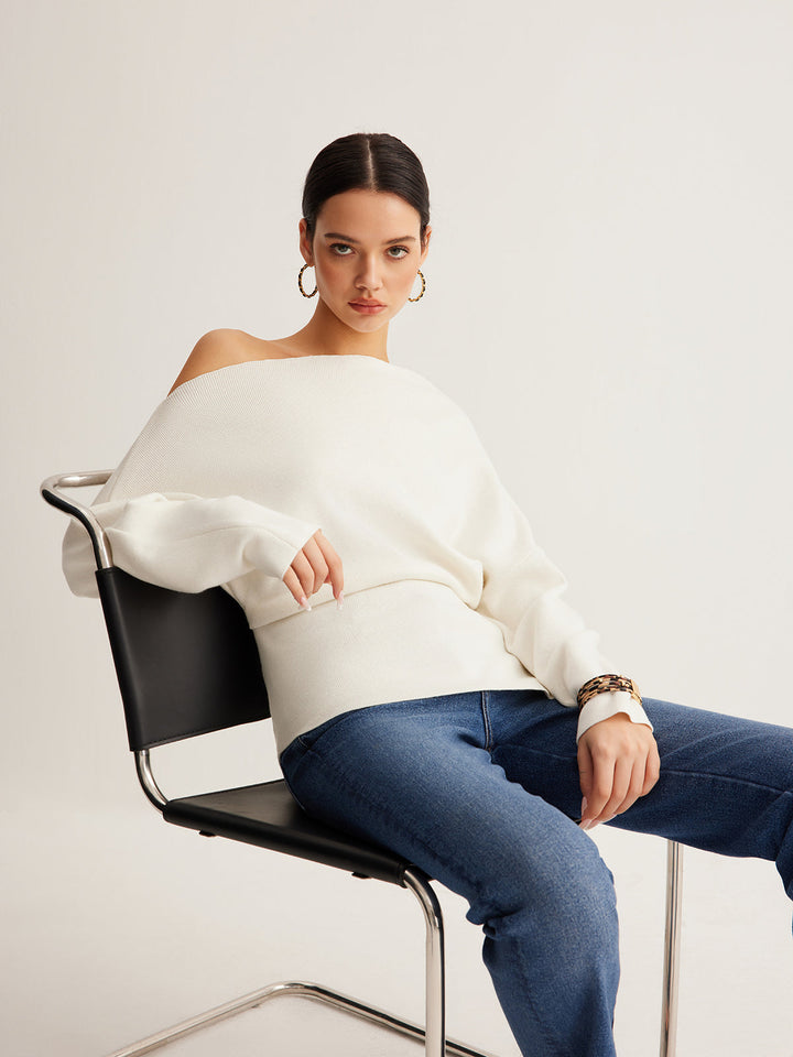 Cold Shoulder Pullover Sweater with Pleated Front and Stretch Knit Blend