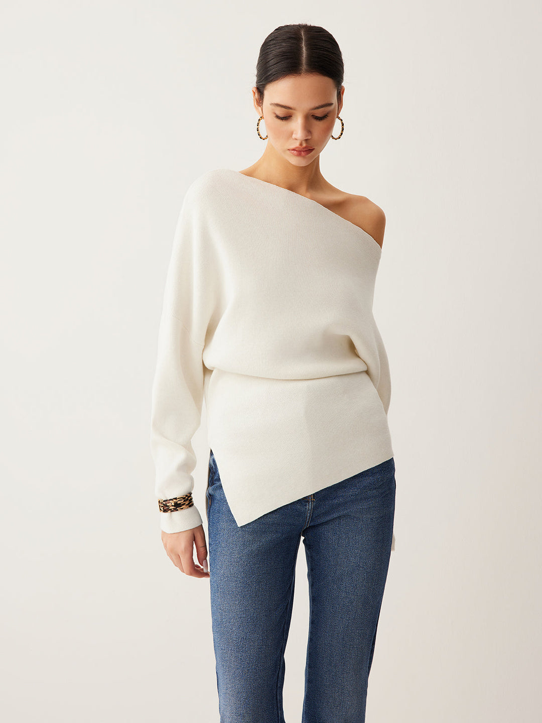 Cold Shoulder Pullover Sweater with Pleated Front and Stretch Knit Blend