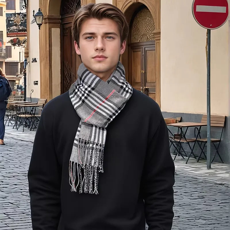 Cashmere Plaid Winter Scarf For Men Soft Warm Classic Accessory