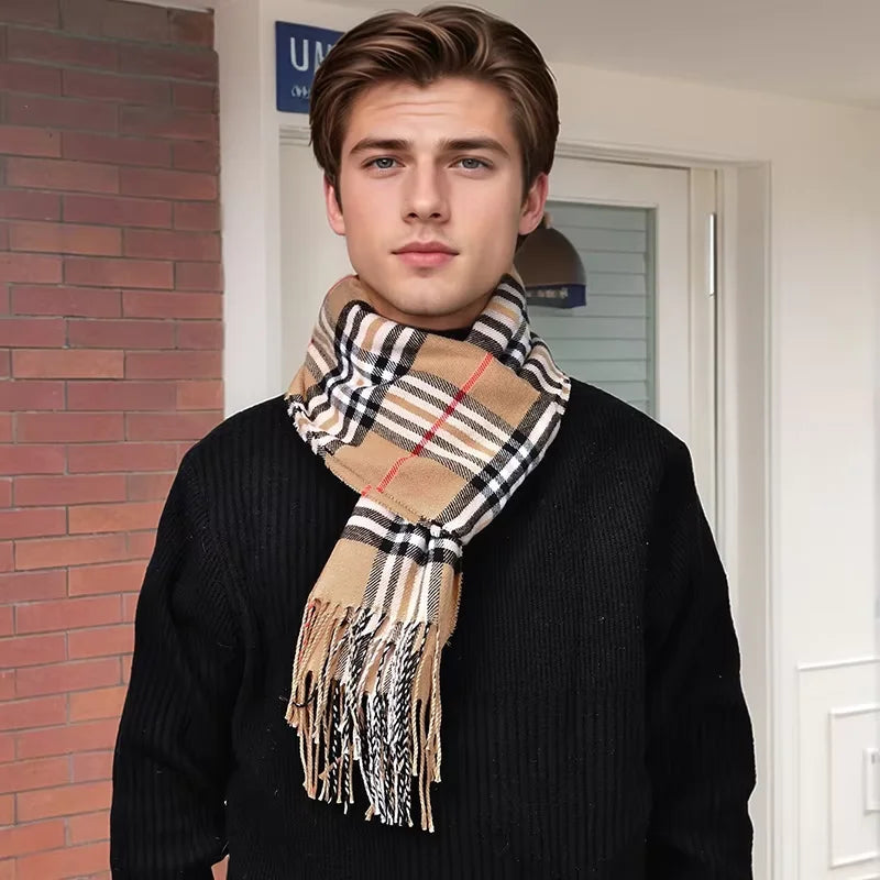 Cashmere Plaid Winter Scarf For Men Soft Warm Classic Accessory